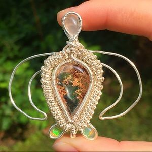 Wire wrapped turtle pendant opal, quartz & iolite